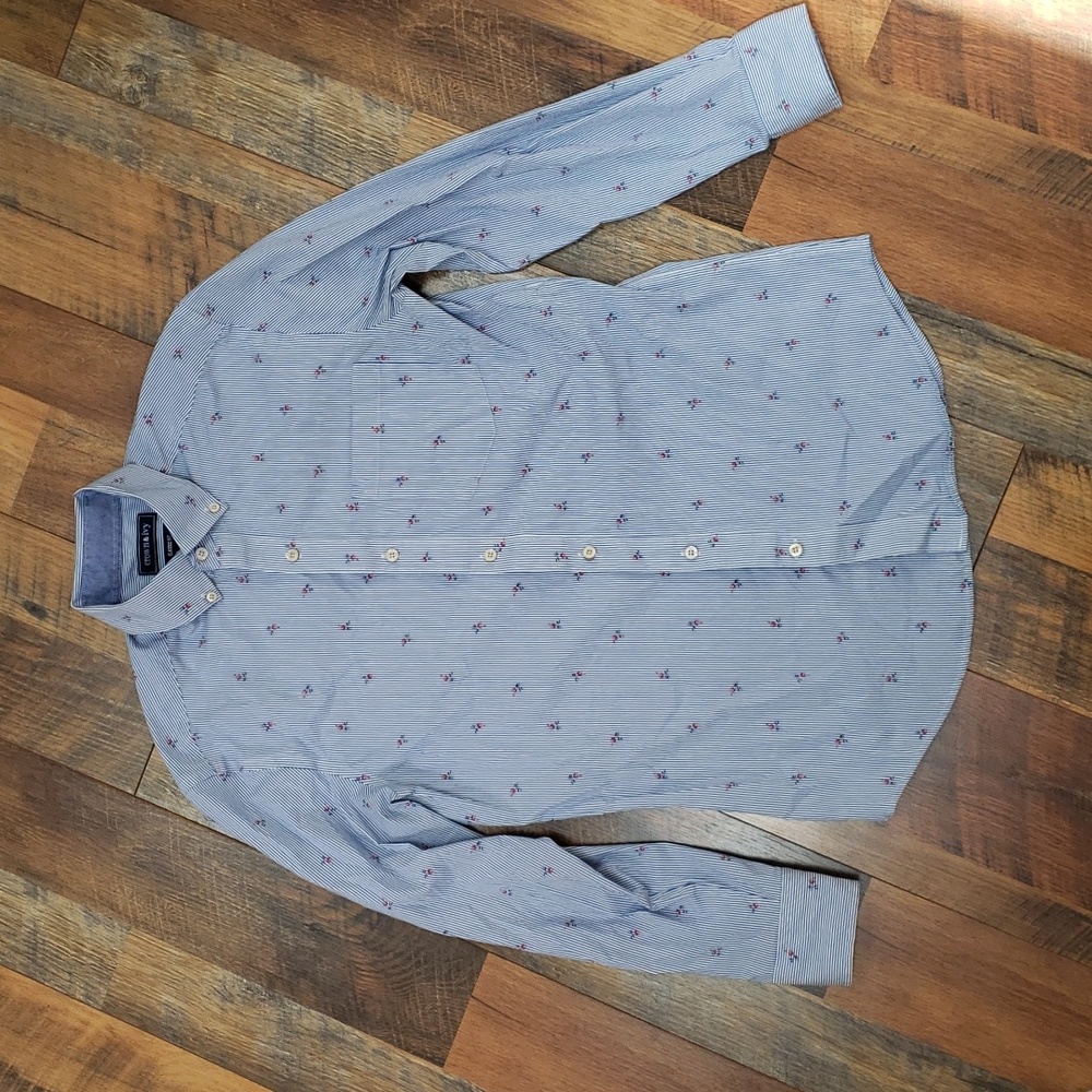 Crown & Ivy Classic Fit Blue and White Striped Button Down Shirt, Size Small